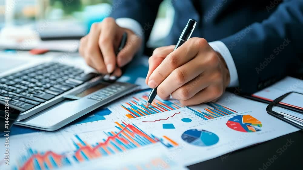 Poster business analysis with charts and graphs on desk with calculator
