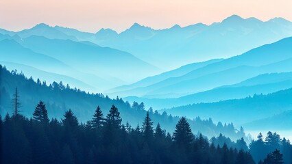 Obraz premium Sunrise paints the snowy mountain landscape, where fog and clouds drift across the alpine view