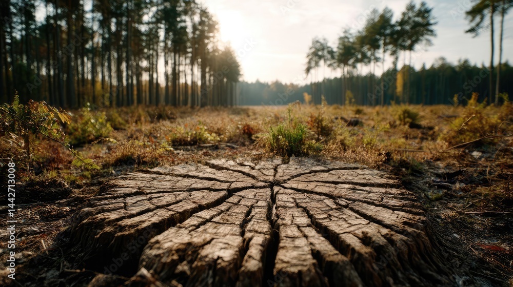 Poster tree stump demonstrating illegal logging and ecosystem damage concept. close-up of a tree stump in a