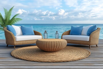 Obraz premium Cozy outdoor seating area with ocean view designed for relaxation and comfort near a tropical seaside