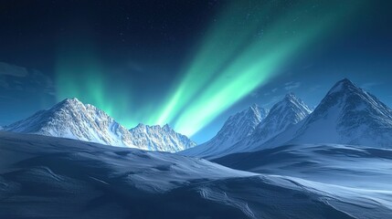Snow-covered mountains under aurora borealis with starry night sky.