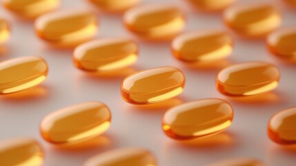 Multiple orange gel capsules are arranged in neat rows on a smooth surface.