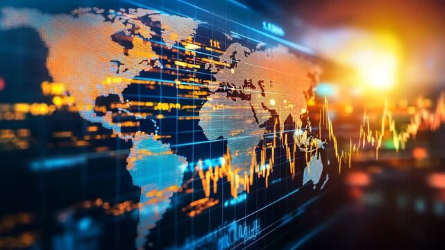 Bright World Map Display with Data Visualization and Financial Trends