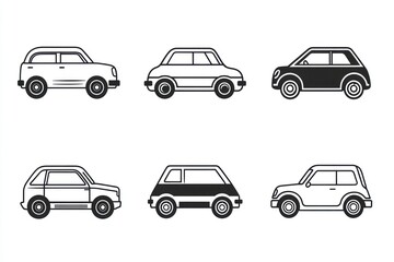 Six simple car icons, side view, white background, design element