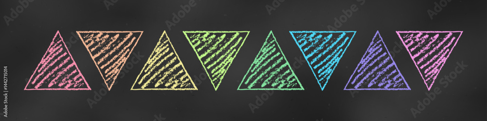 Wall mural children's chalk drawn sketch. set of design elements multicolored triangles isolated on chalkboard 