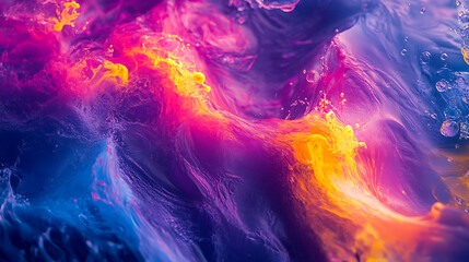Fototapeta premium Vibrant colorful liquid with swirling patterns in purple, pink, yellow, and blue hues creating abstract and dynamic fluid motion with bubbles and glowing effects