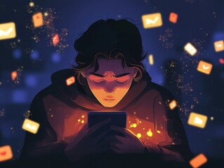 Person staring blankly at a phone screen in a dimly lit room, surrounded by glowing notifications, overwhelmed expression