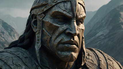 A colossal statue of an ancient warrior, its sheer size beyond comprehension.