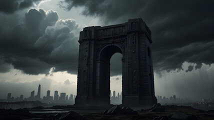 Naklejka premium An infinite city wall, rising into the heavens, its top shrouded in storm clouds.