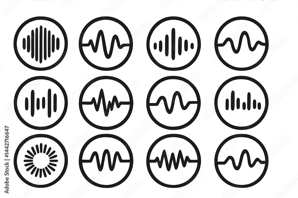Poster various sound wave patterns showcased in a vector flat illustration with clear lines and vibrant sym