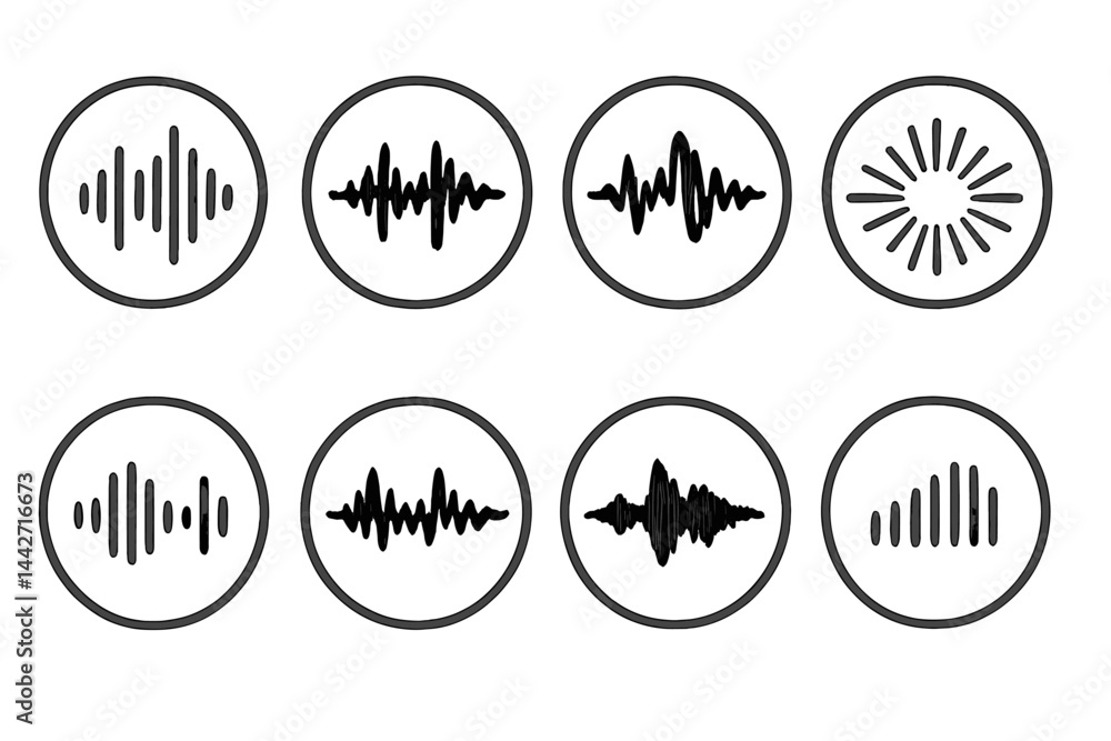 Poster vector flat illustration of sound wave icons in circular designs depicting various audio frequencies