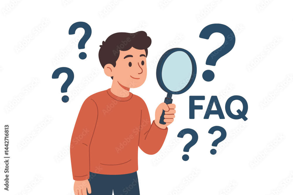 Aufkleber curious person exploring frequently asked questions with a magnifying glass in a flat vector illustr