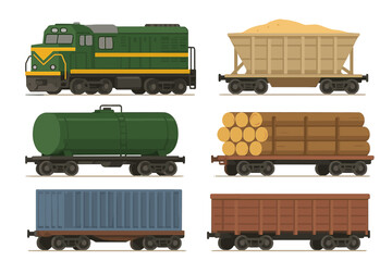 Vector flat illustration of various train cars loaded with different materials in a straightforward design