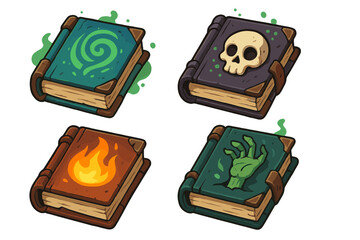 Illustration of four distinct spell books showcasing various magical themes and symbols, including fire, poison, and the undead, in a fantasy setting
