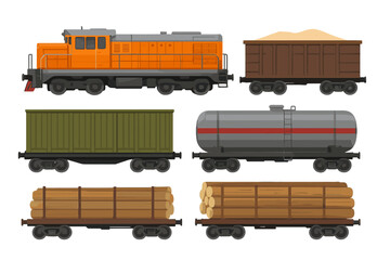 Colorful vector flat illustration of different train cars transporting various goods including logs, sand, and liquid © icon_art