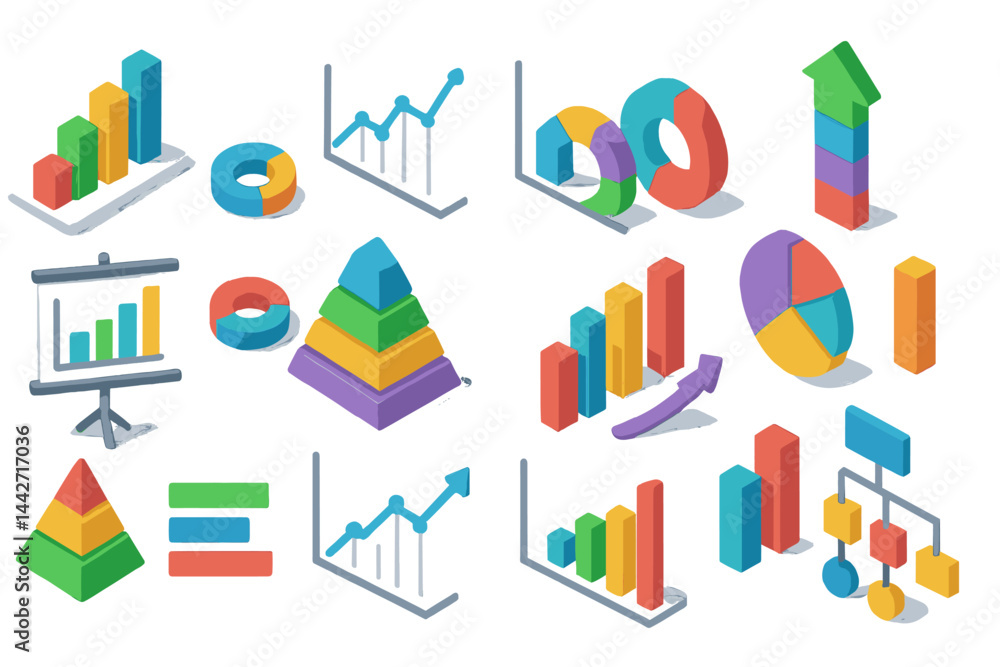 Poster vector flat illustration of colorful graphs and charts representing data analysis in a modern office