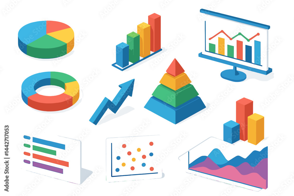 Poster colorful vector flat illustrations of various data visualization elements for effective presentation
