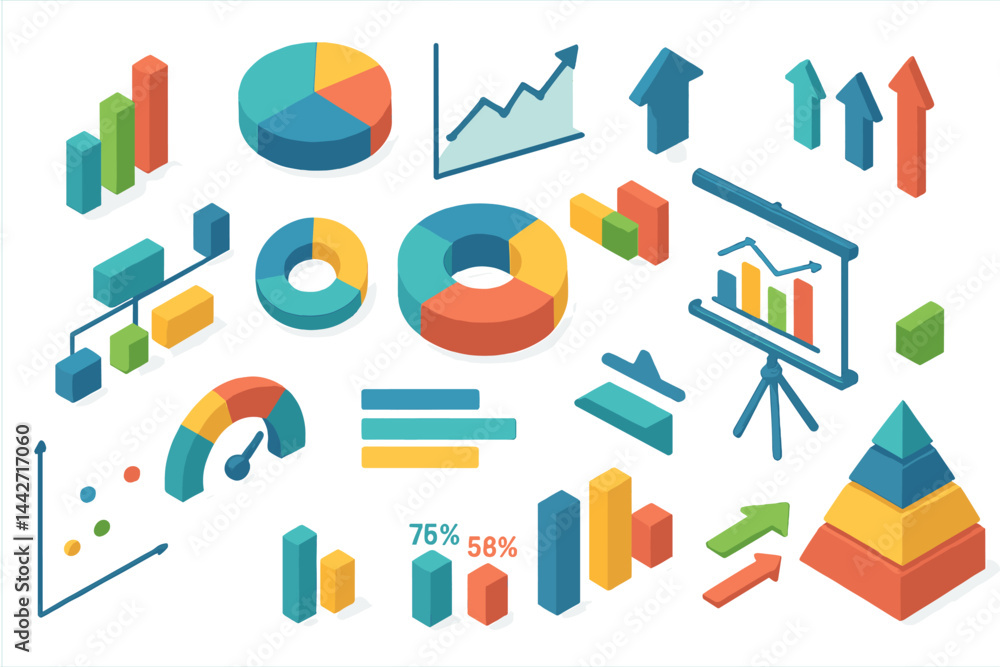 Poster colorful vector flat illustration of diverse data visualization and business analytics elements show