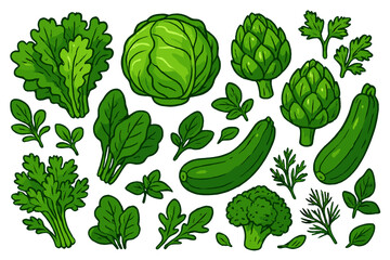 Fresh green vegetables in a colorful vector flat illustration showcasing various types of leafy greens and produce