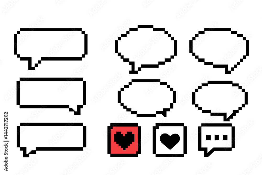 Poster vector flat illustration of various speech bubbles in pixel art style with heart symbols for express