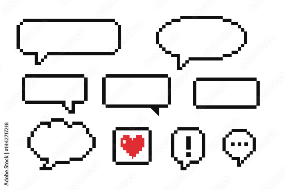 Poster vector flat illustration of various speech bubbles in pixel art style with a heart, showcasing digit