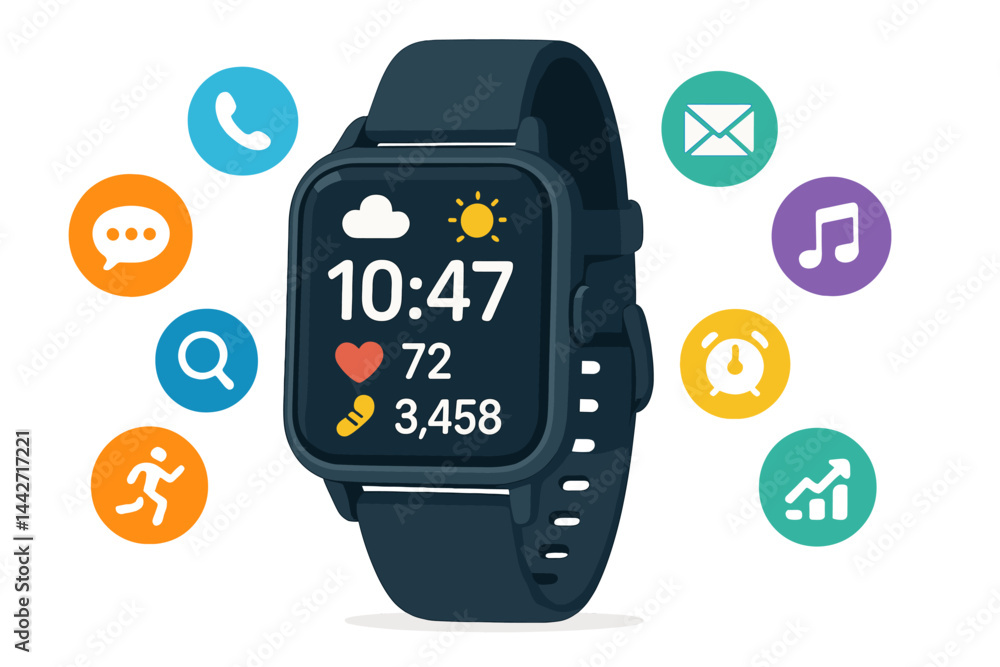 Aufkleber smartwatch displaying notifications and various health stats, illustrating technology's role in dail