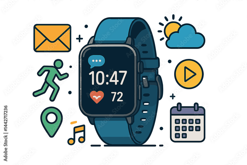 Poster smartwatch with fitness tracking features surrounded by icons representing various notifications and