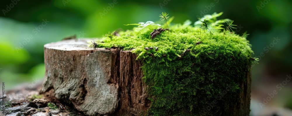 Poster tree stump illustrating climate change effects on deforestation concept. close-up of moss on a tree 