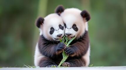 Obraz premium Two adorable panda cubs sharing a treat