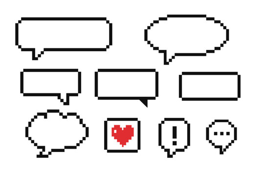 Vector flat illustration of various speech bubbles in pixel art style with a heart, showcasing digital communication concepts