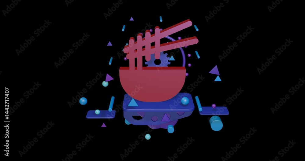 Poster red noodle symbol on a pedestal of abstract geometric shapes floating in the air. abstract concept a