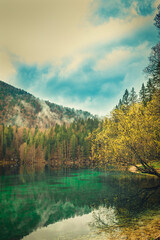 A tranquil scene from Kranjska Gora, Slovenia, featuring a crystal clear turquoise lake in the foreground.