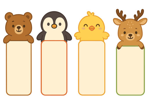 Cute animal bookmarks featuring bear, penguin, chick, and deer for children in a playful design