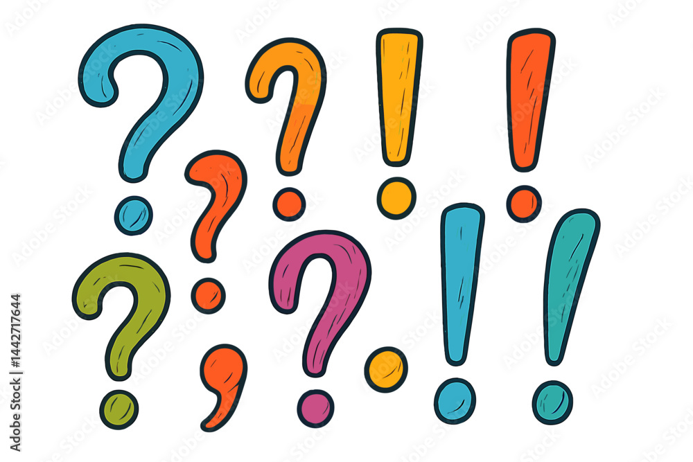 Poster colorful vector flat illustration of question and exclamation marks in various styles and colors for