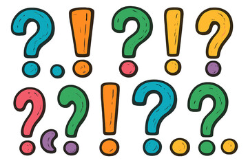 Colorful vector flat illustration of question marks and exclamation points in vibrant hues arranged in a playful pattern