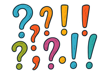 Colorful vector flat illustration of question and exclamation marks in various styles and colors for creative use © icon_art