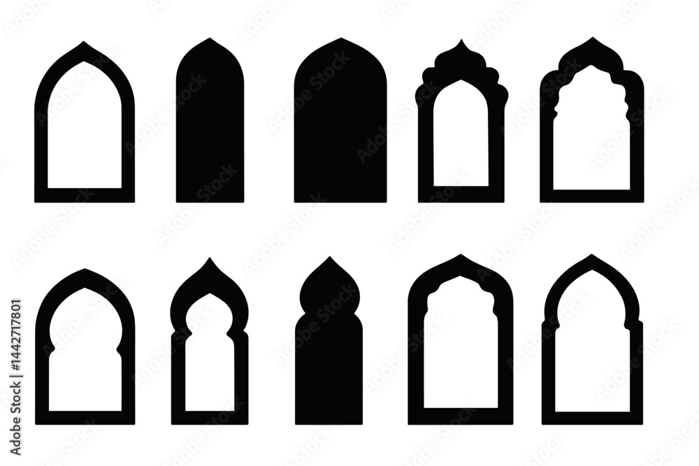 Poster collection of vector flat illustrations of architectural window shapes commonly found in middle east