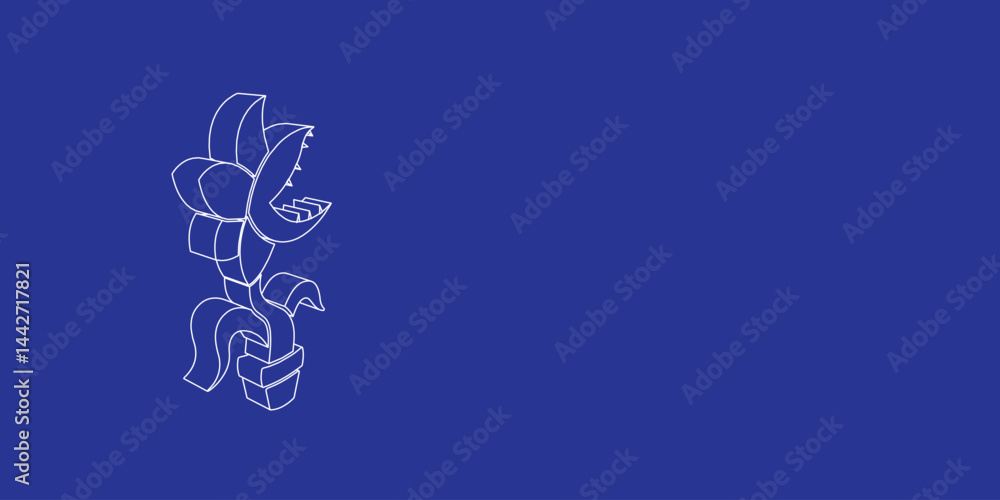 Poster the outline of a large carnivorous plant symbol made of white lines on the left. 3d view of the obje