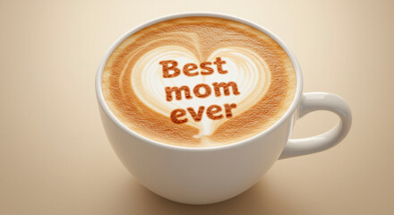 Latte art featuring "Best mom ever" written inside a heart shape, expressing appreciation for a mother figure with a caffeine beverage.