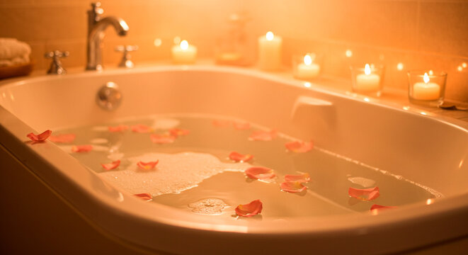 Relaxing bath with rose petals and candles, perfect for unwinding after a long day in a warm serene setting. - Powered by Adobe
