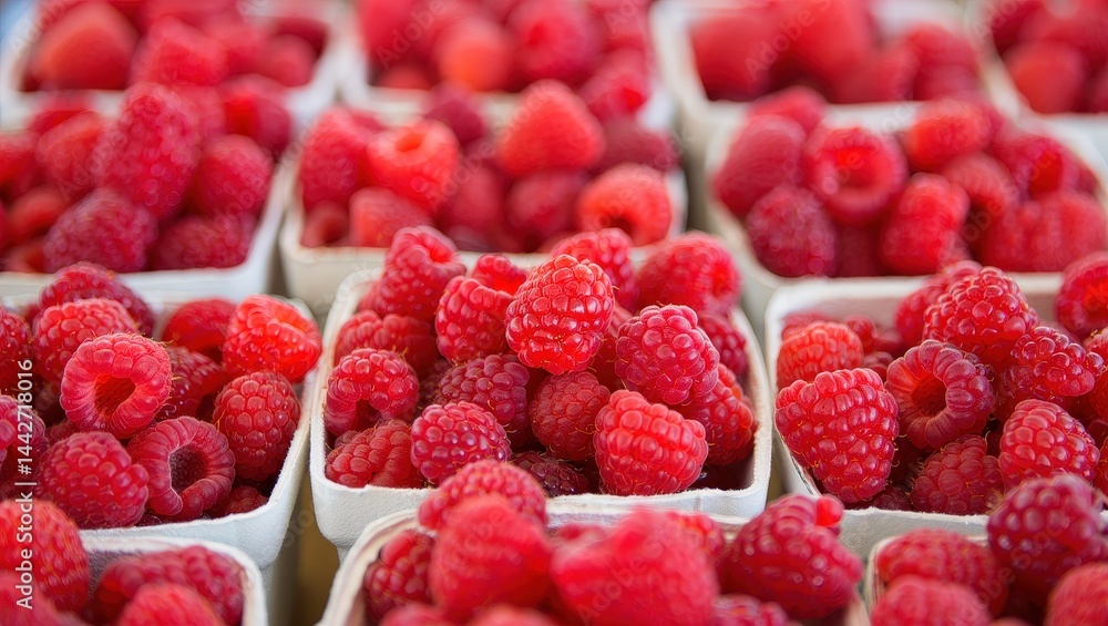 Poster red raspberries in white containers.