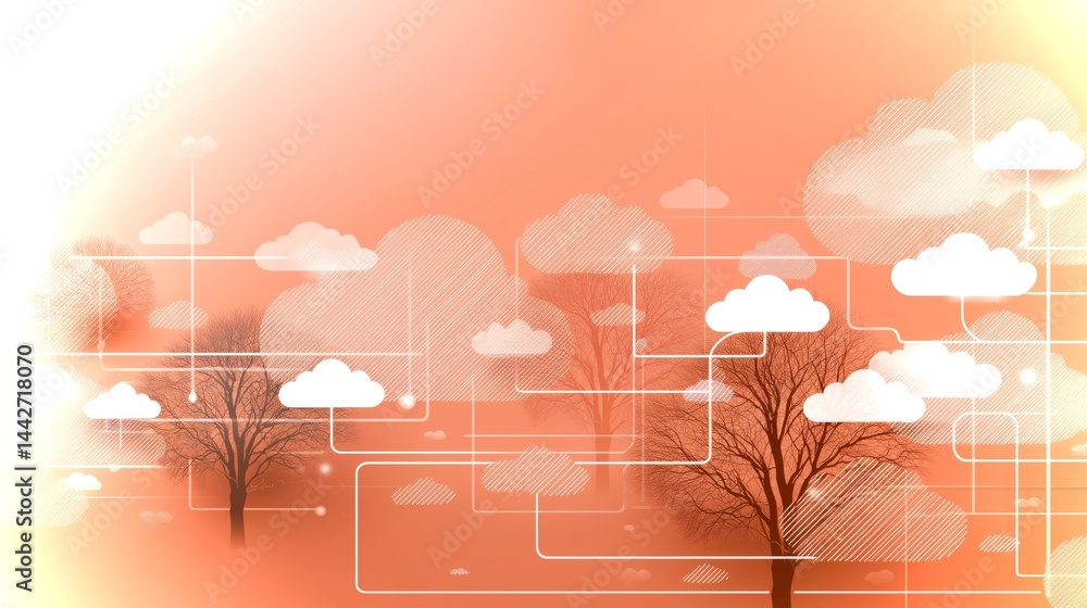 Poster overlapping cloud icons on a soft peach canvas create a serene and creative background