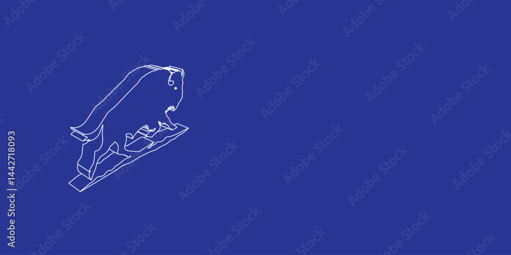 Poster the outline of a large wild buffalo made of white lines on the left. 3d view of the object in perspe