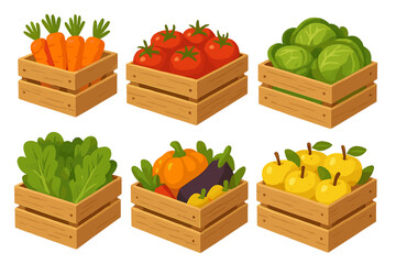 Freshly harvested vegetables and fruits in wooden crates arranged in a colorful vector flat illustration