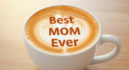 Coffee art expressing love for a mother with latte art that says, "Best MOM Ever."