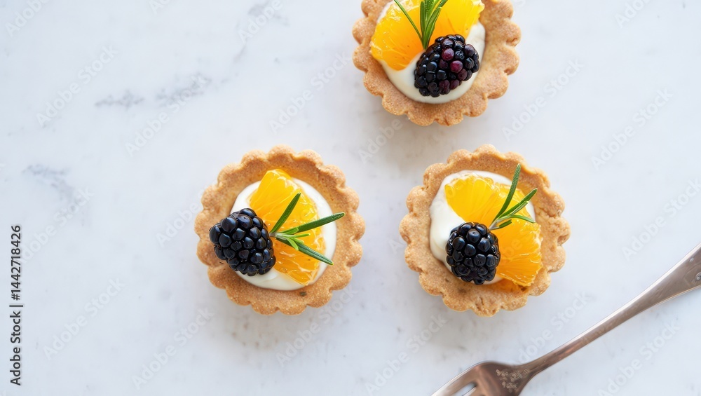 Poster four small tarts with berries and cream on top of a table.
