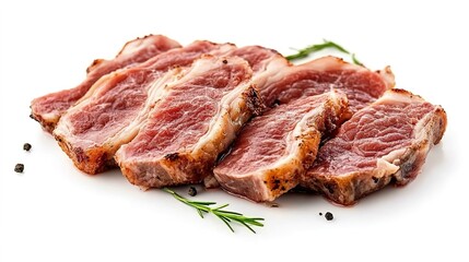 Fototapeta premium Raw meat slices with rosemary sprig on white background.
