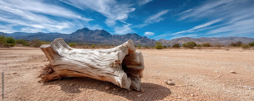 Poster tree stump illustrating climate change effects on deforestation concept. a weathered log rests on a 
