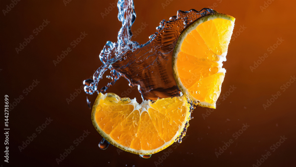 Poster sliced orange in water droplets, creating a burst effect against a dark background.
