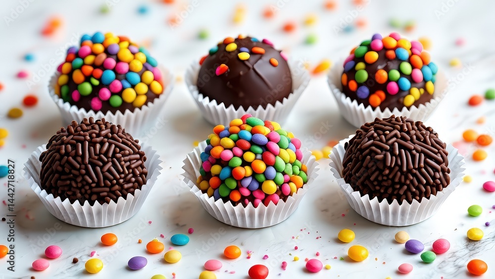 Poster Four chocolate-covered cookies with sprinkles in white wrappers on a table covered with colorful sprinkles.